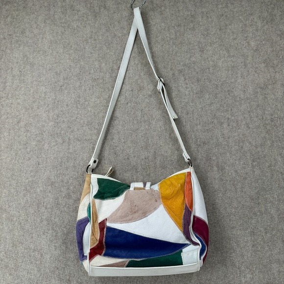 Vintage 80s Leather Patchwork Ladies Handbag Purse Crossbody Multicolor White - Picture 2 of 12